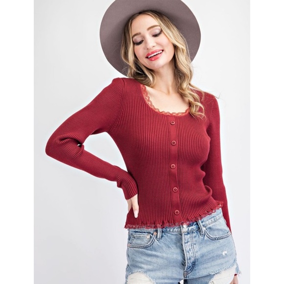 Women’s Winter Top Dressy Rib Knit Lace Top Red Blouse Cozy Knits Top Date Night - Picture 3 of 6